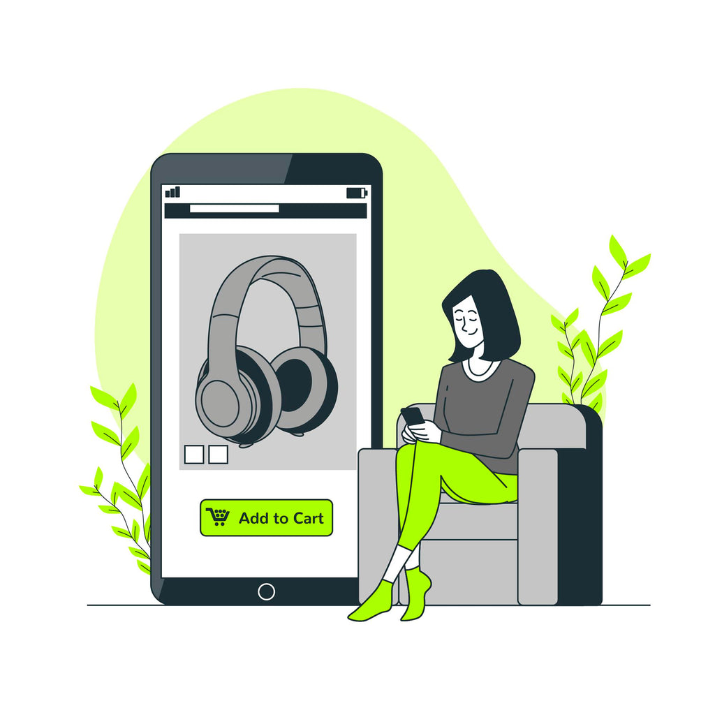 Image of an illustration showing a parent smiling and shopping for headphones on their phone, comfortably seated in their living room chair. The illustration displays a pair of TWT Audio Headphones on the TWT Audio website viewed on the phone screen.