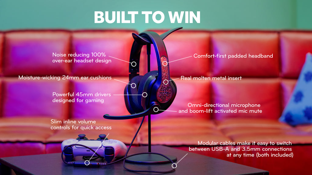 Infographic 350XG Victory Gaming Headset with noise-reduction, moisture-wicking cushions, omni-directional mic, and modular USB/3.5mm cables, next to a game controller.