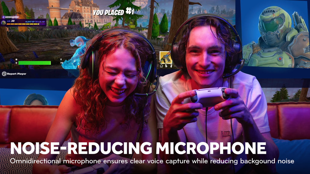 Excited male and female gamers wearing Victory 250XG & 350XG gaming headset, laughing in victory with a game's 'You Placed #1' on the screen, highlighting the headset's clear voice capture feature.