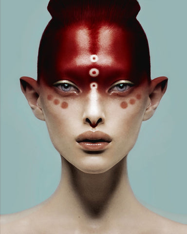 alien makeup, model, red dynamic makeup, model