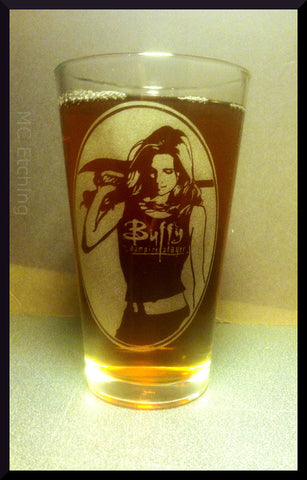 Buffy from buffy the vampire slayer etched onto a pint