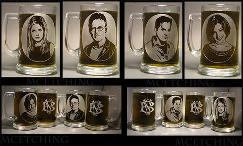 Set of etched mugs with characters from Buffy the Vampire Slayer