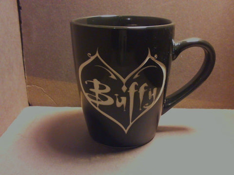 Black coffee mug etched with a buffy the vampire slayer logo