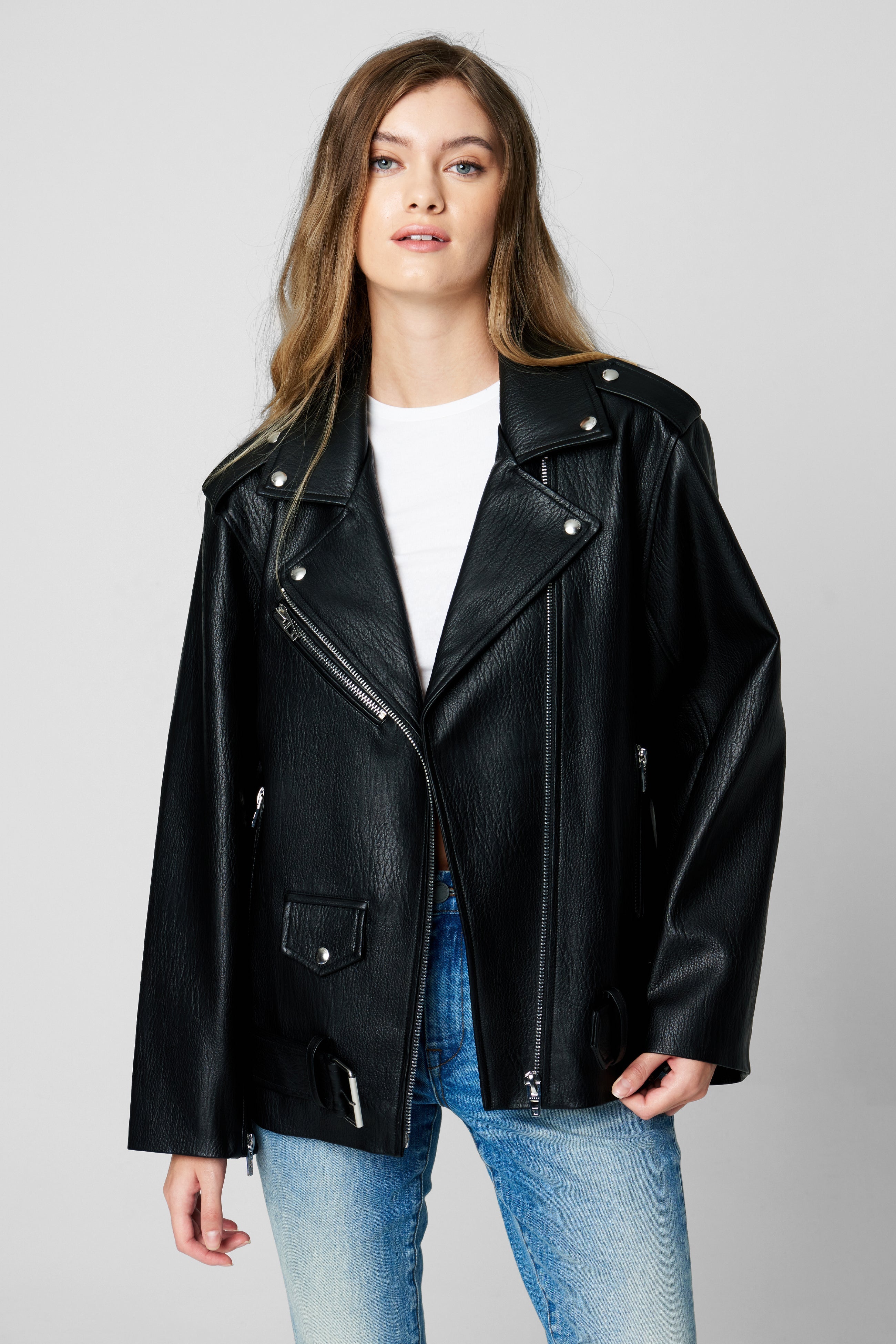 The back of this "Hannah" black leather jacket from Wink boasts  double rows of bronze studs, but the frontÂ's plenty cool, too, with its  thick ruffle accent ($496, www.shopsheboutique.com). Softening the look