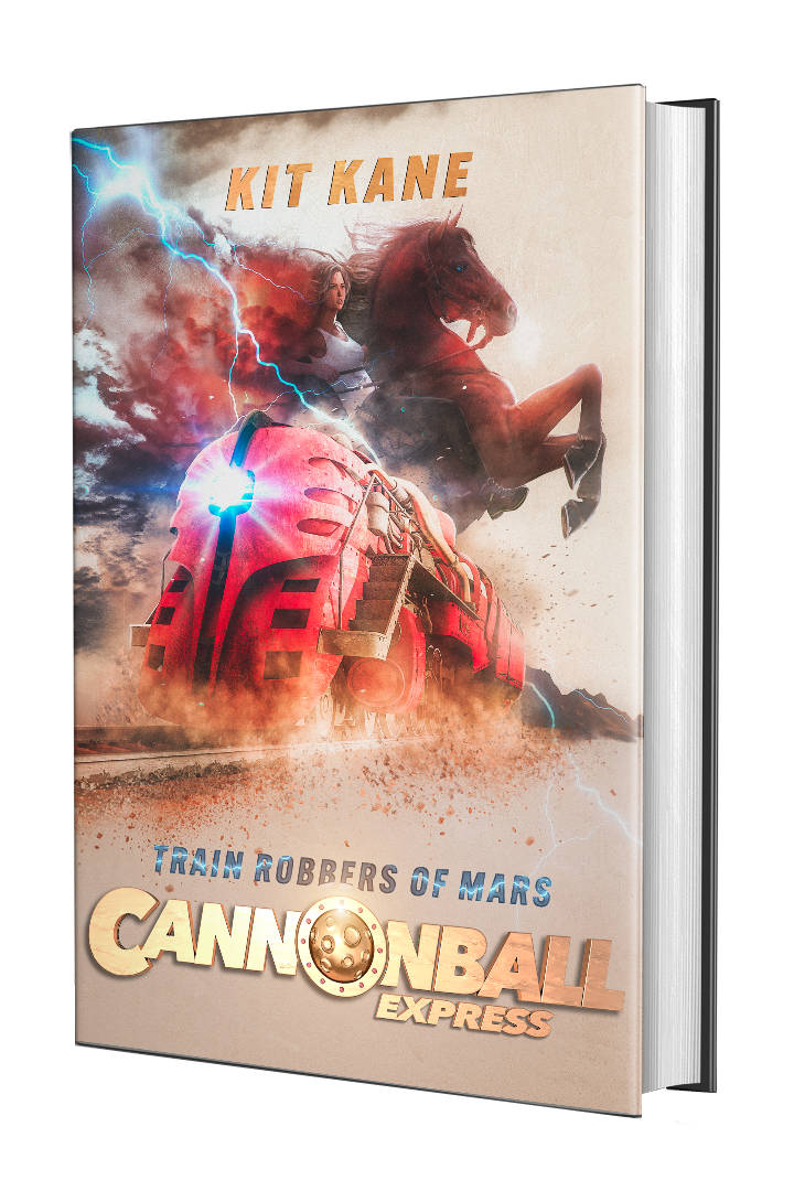 CANNONBALL EXPRESS - A Sci-Fi Western Book Series by Kit Kane - Book 3 - Train Robbers of Mars - Hardcover Cover - Image of a red sci-fi train thundering over the railroads of Mars, while in the background, lightning crashes and a heroic young woman struggles to control a rearing horse.