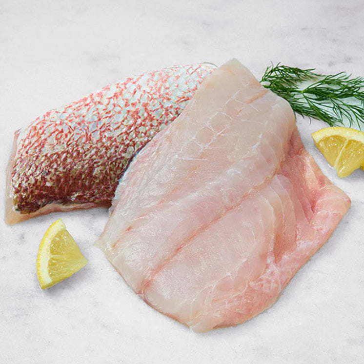 American Red Snapper Portions on Marble Surface with Lemon and Herbs