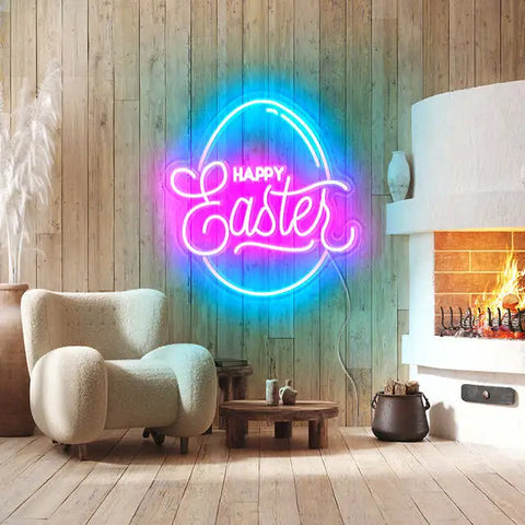 the image showing an hanging easter neon sign