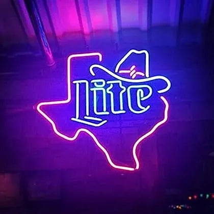 the image is showing miller lite neon sign in pink and blue gradient