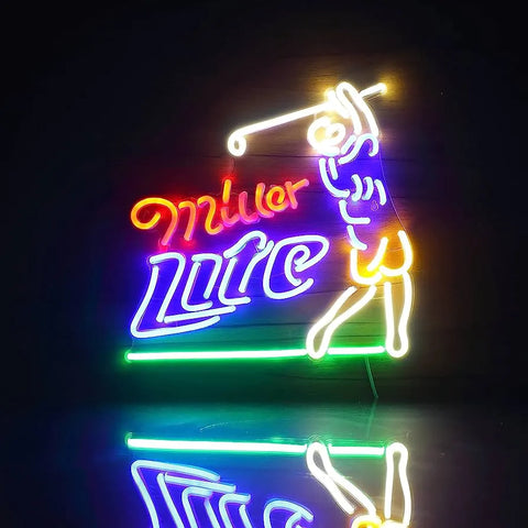 the image is showing miller lite neon sign