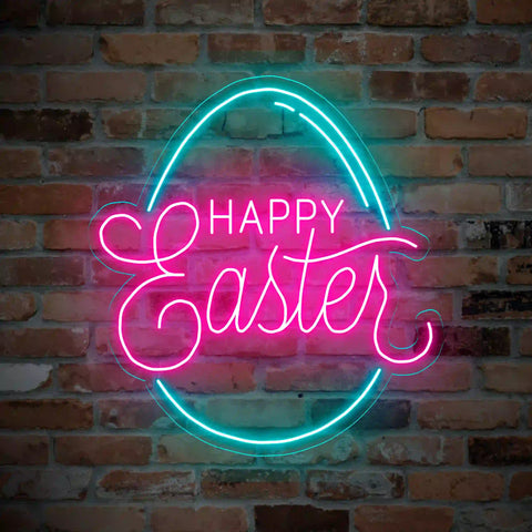 the image is showing a pink coloured Easter neon sign 