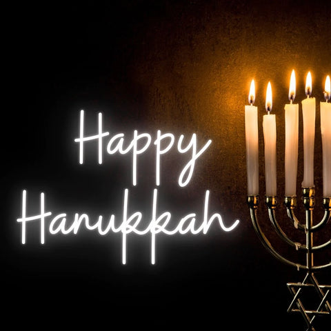 the image is showing a text of happy hannukah neon sign