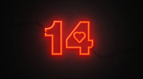 the image is showing a 14th feb neon sign
