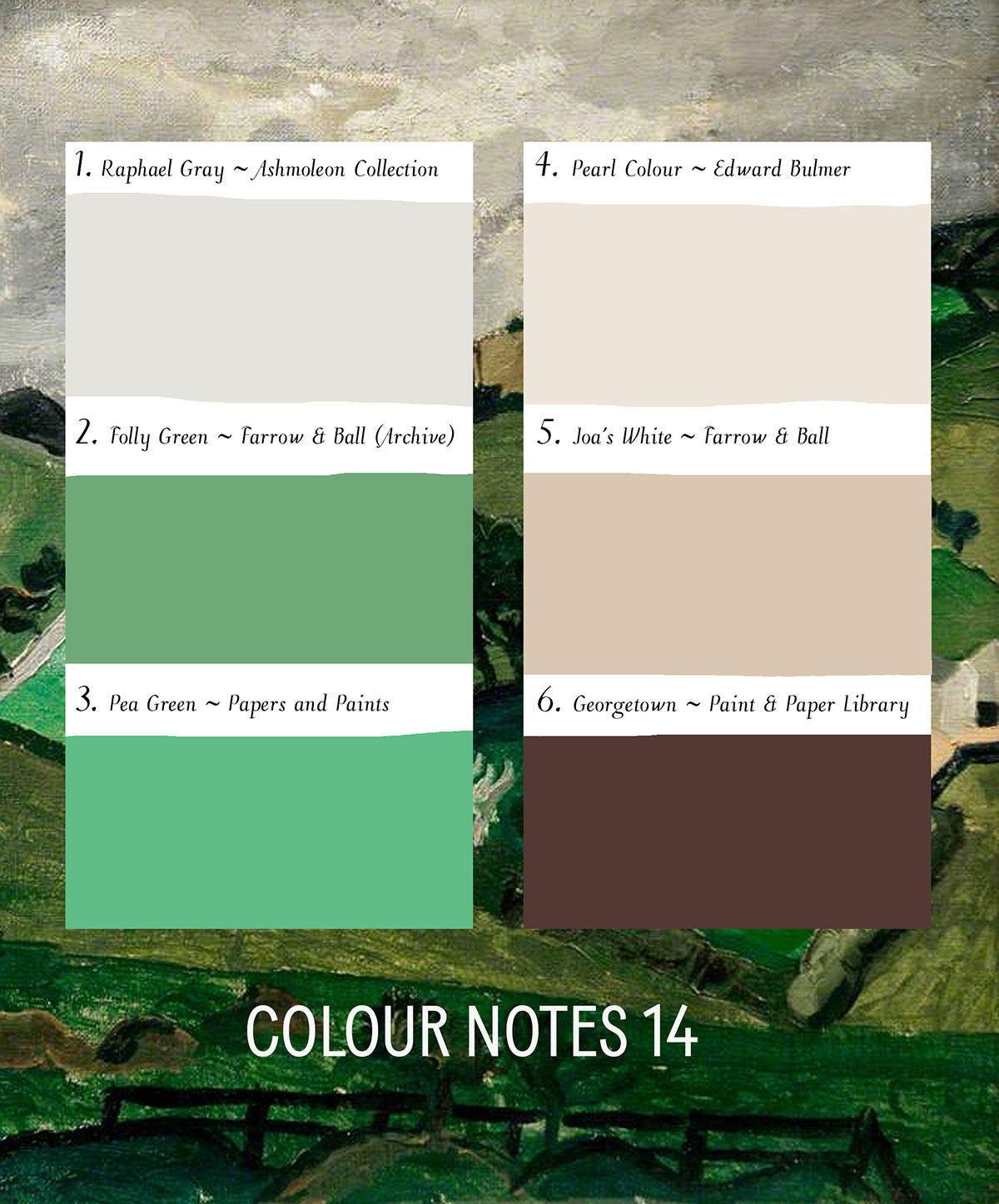 Brown, white and green paint swatches to match oil on canvas Christopher Wood nature painting