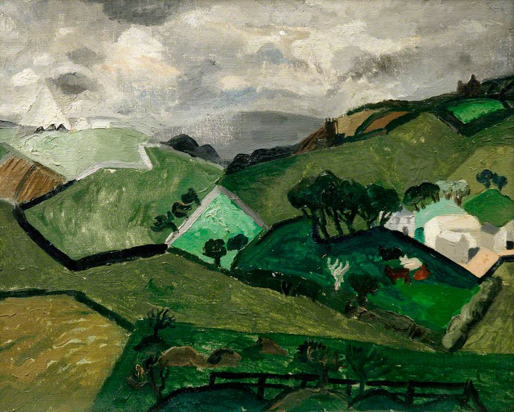 Christopher Wood oil on canvas painting of green and brown Cornish countryside