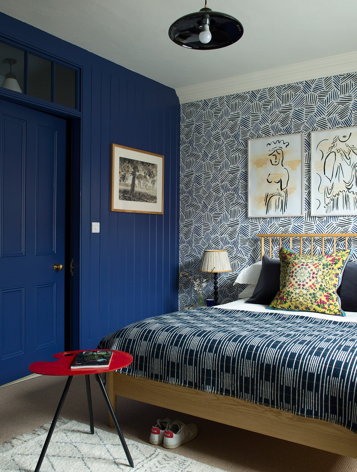 Blue bedroom with Stony Point black and blue striped wallpaper