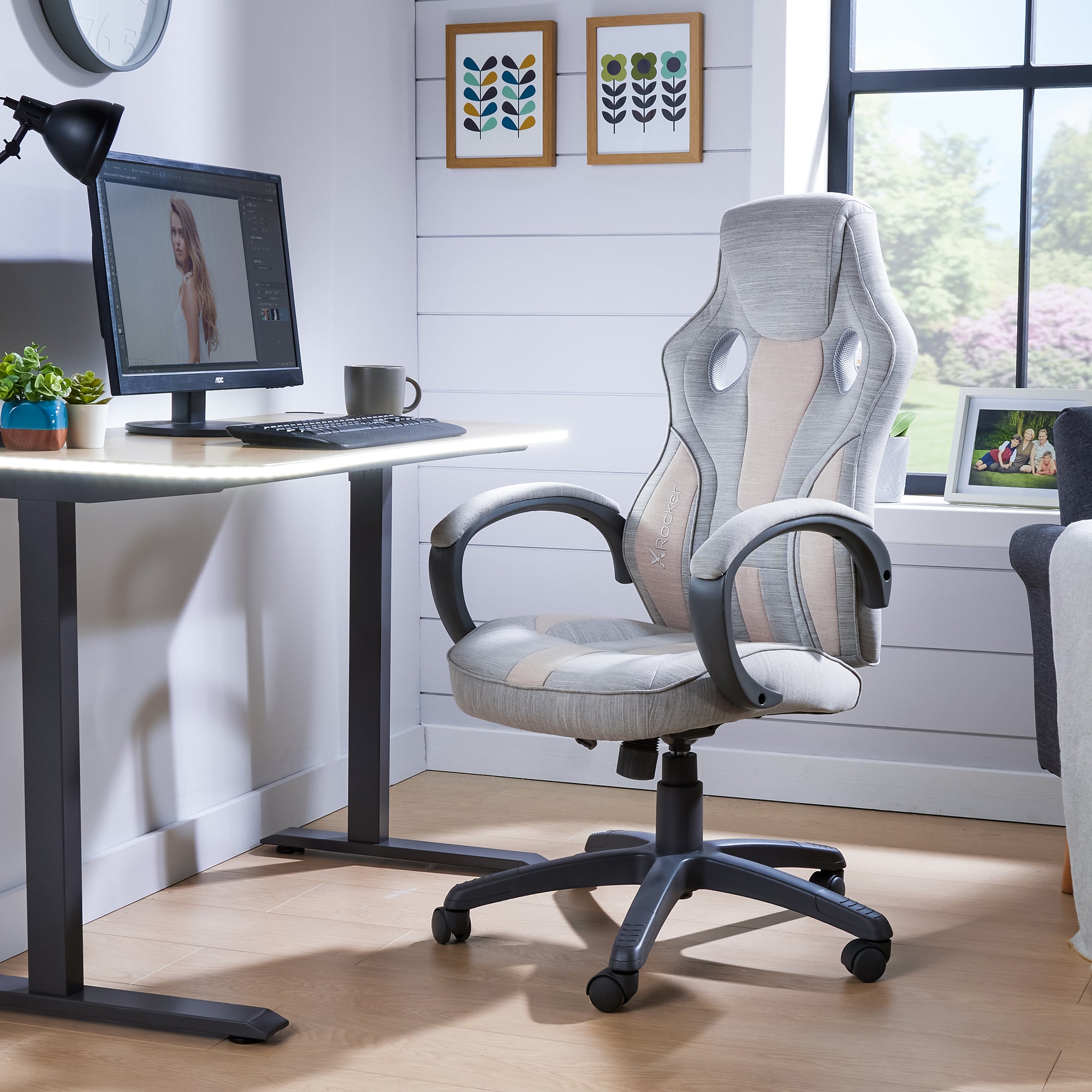 X Rocker | Maverick Fabric Height Adjustable Office Gaming Chair with Natural Lumbar support - Dove Grey/Blush