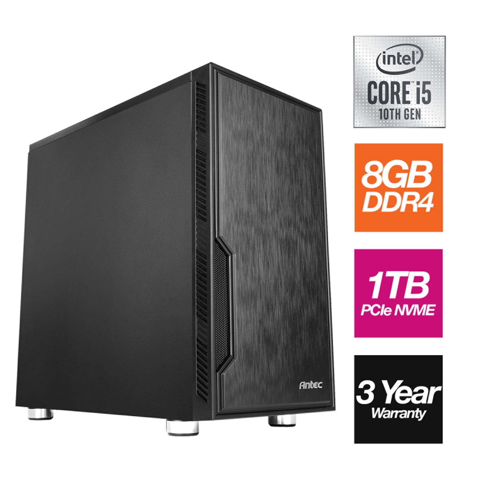Intel i5-10400 6 Core 12 Threads 2.90GHz (4.30GHz Boost) CPU, 8GB DDR4 RAM, 1TB NVMe M.2, Antec VSK Chassis - Pre-Built PC