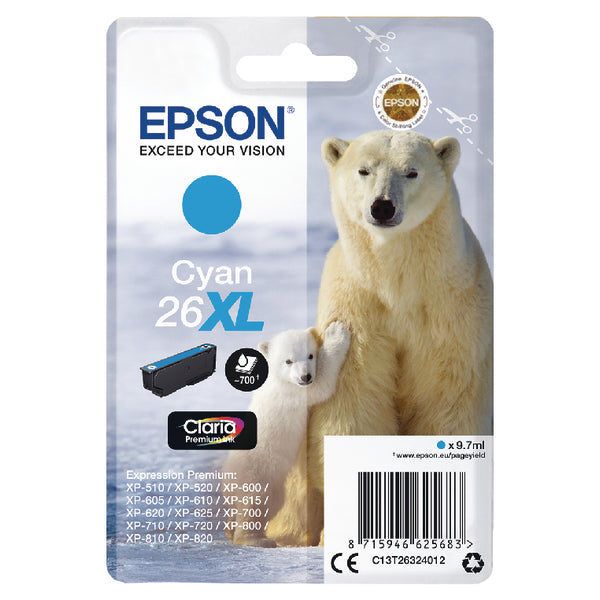 Epson 26XL Polar Bear Cyan High Yield Ink Cartridge 10ml - C13T26324012