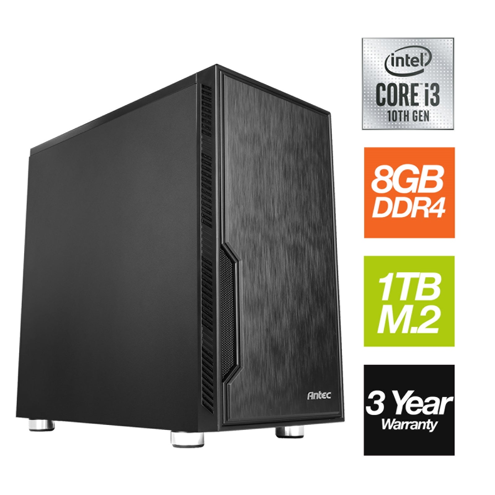 Intel i3-10100 Quad Core 8 Threads 3.60GHz (4.30GHz Boost) CPU, 8GB DDR4 RAM, 1TB NVMe M.2, Antec VSK Chassis - Pre-Built PC