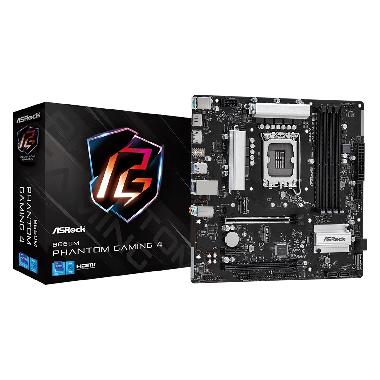 ASRock B660M PHANTOM GAMING 4 Motherboard, Intel Socket 1700, 12th Gen, DDR4, Micro ATX, 8 Phase Power Design, 1x PCIe 4.0 x16, 1x PCIe 3.0 x16, 1x PCIe 3.0 x1, 1x M.2 Key-E for WiFi, 6x USB 3.2 Gen1, Intel Gigabit LAN, HDMI, DisplayPort