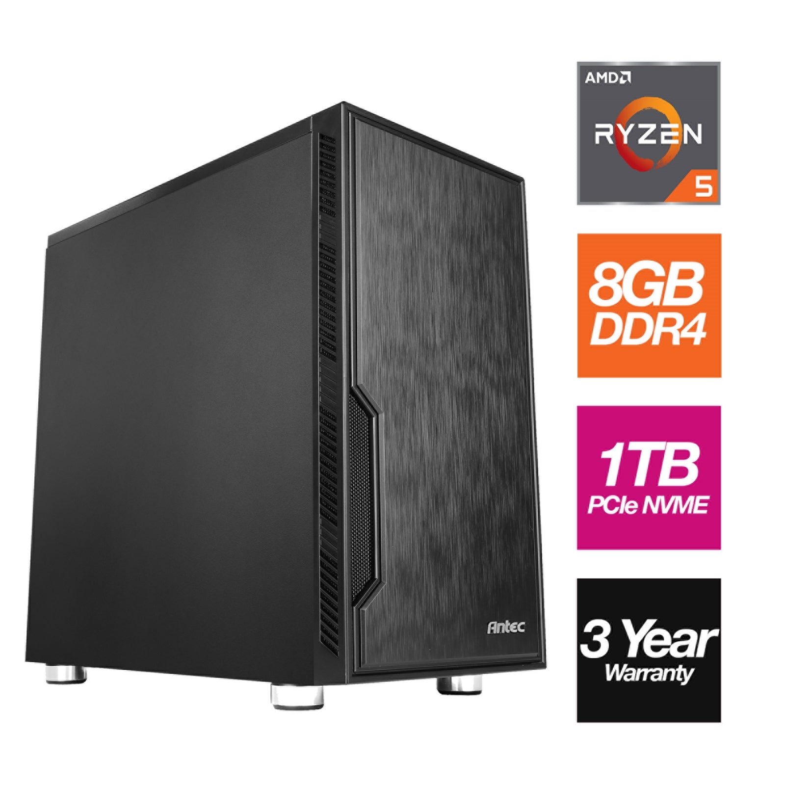 AMD 4600G 6 Core 12 thread 3.70GHz (4.20GHz Boost) 8GB RAM, 1TB M.2 NVMe, Stylish Black Antec Case - Pre-Built System