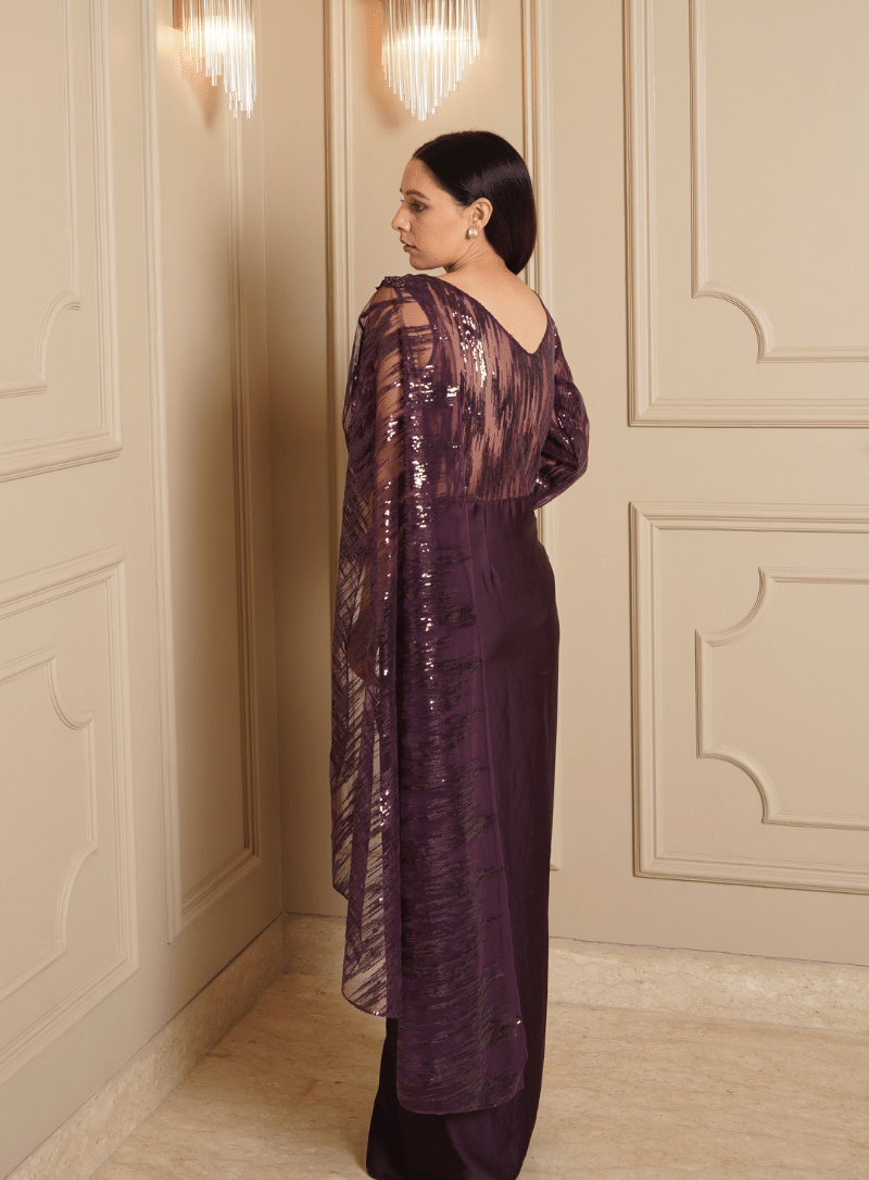 Kamaali Pret - Purple Embellished Feathers V Neck Saree Skirt With Draped  Blouse For Women