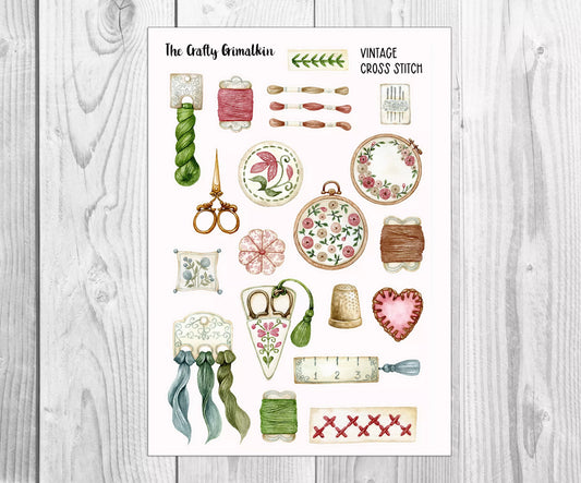 Vintage Cross Stitch Sticker Sheet for planners and/ or Scrapbooks - Small  Size