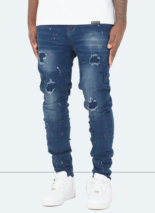 Blue With Red Paint Patchwork Splatter Jeans, Patchwork Paint Splatter  Jeans