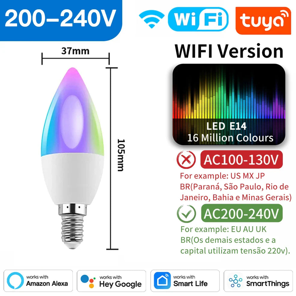 Product Image for Tuya Zigbee Smart LED Lyspære E14 - WiFi Bluetooth Kontroll via SmartLife Google Alexa Apper, 200-240V WIFI E14