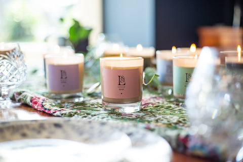 Luxury British scented candle with peony, rhubarb and lilac. The perfect gift for weddings, birthdays and tablescapes.