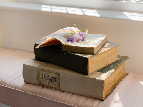 Loriest and Co share their philosophy of scenting the stories of life on the British Isles, with an image of a stack of books adorned with flowers in the sunlight by a window.