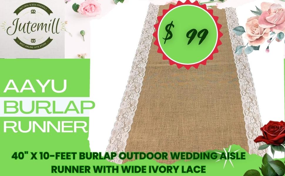 40" X 10-feet Burlap Outdoor Wedding Aisle Runner with Wide Ivory lace