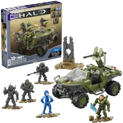 Mega Halo The Series Vehicle Building Toys Set, FLEETCOM Warthog ATV with 462 Pieces, 5 Micro Action Figures, Poseable Articulation, Kids and Fans