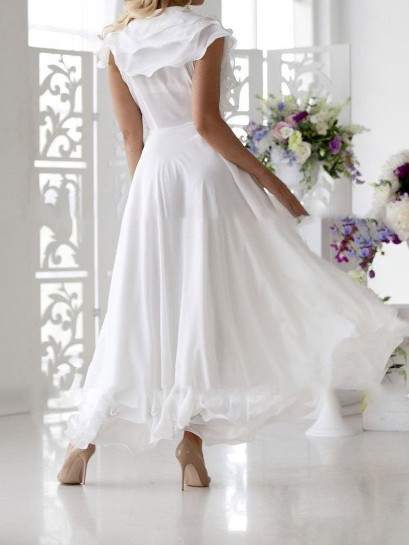 V-Neck Short Sleeve Ruffled Elegant Dress