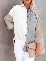 Women's Blouses Loose Contrast Pocket Button Long Sleeve Blouse