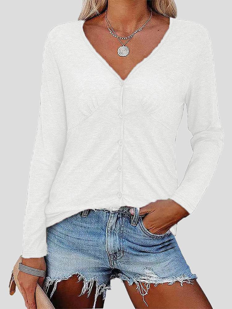 Women's T-Shirts Solid Single-Breasted Pleated Long Sleeve T-Shirt