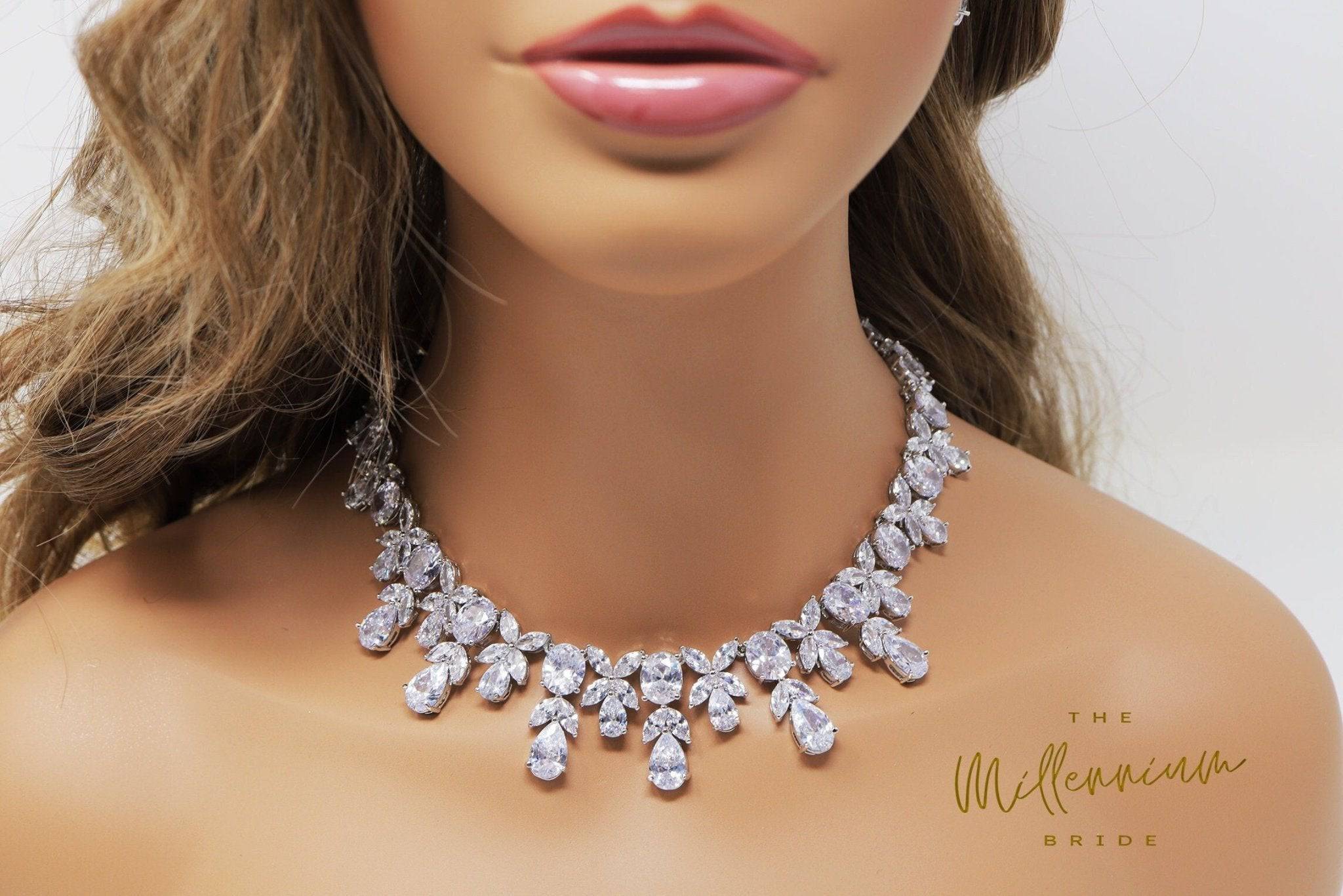 Swarovski Crystal Floral Leaves Diamond/Crystal Necklace, Bridal Necklace  Set, Bridal Jewelry, Statement Necklace