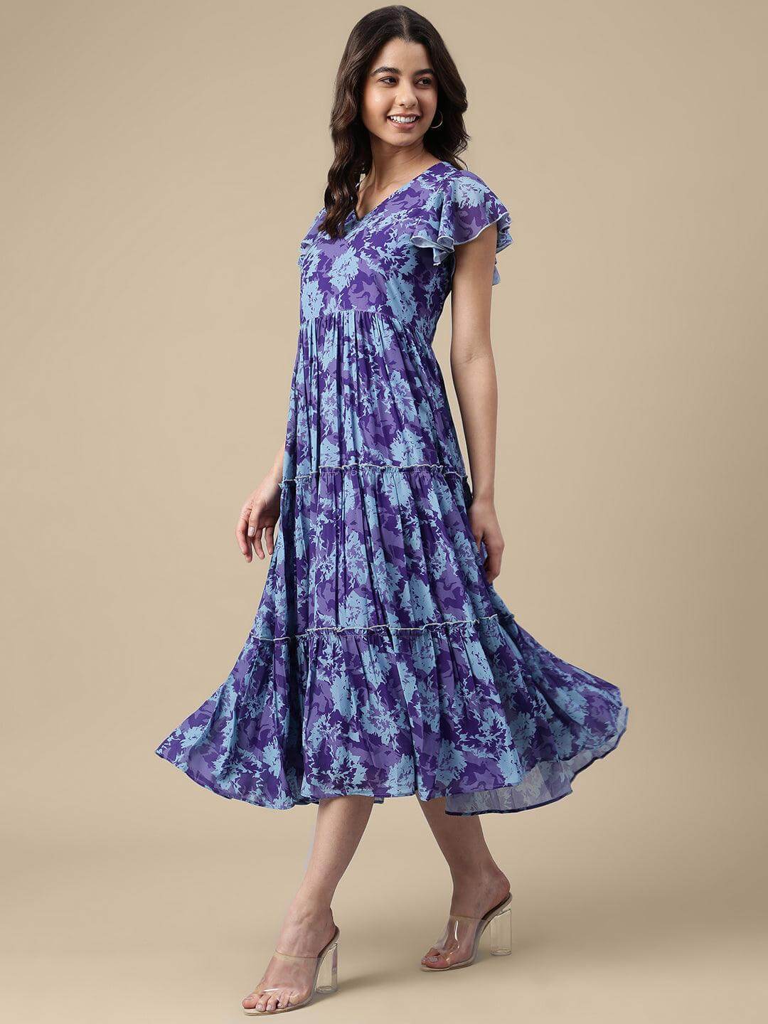 Blue Georgette Printed Flared Western Dress