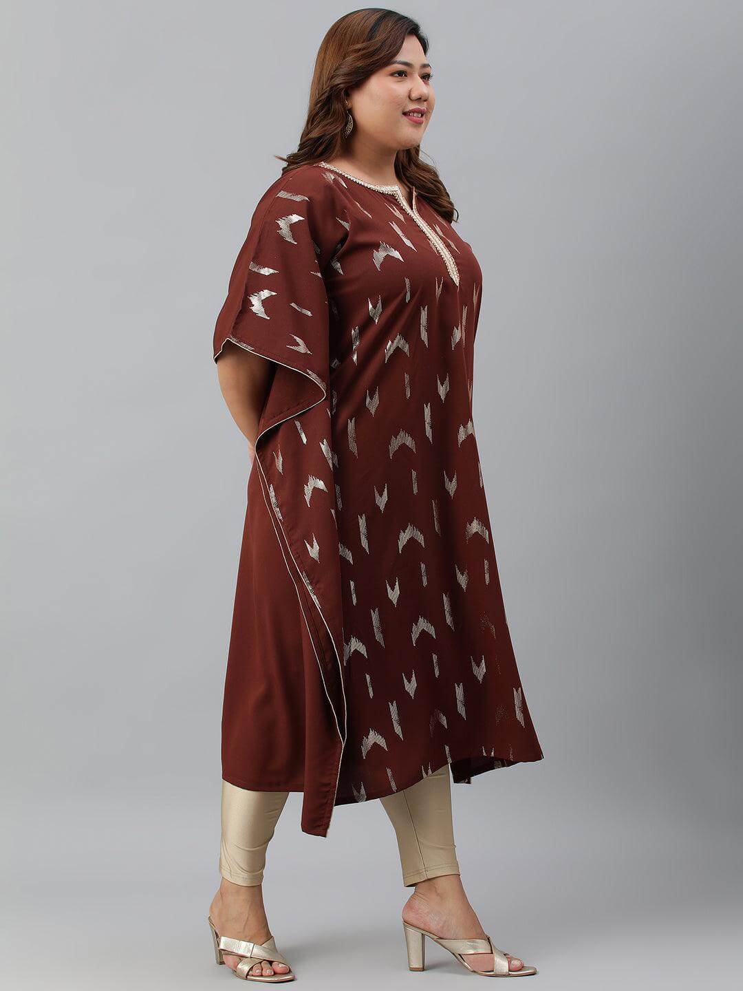 Plus Size Brown Poly Crepe Geometric Print Kaftan Kurta