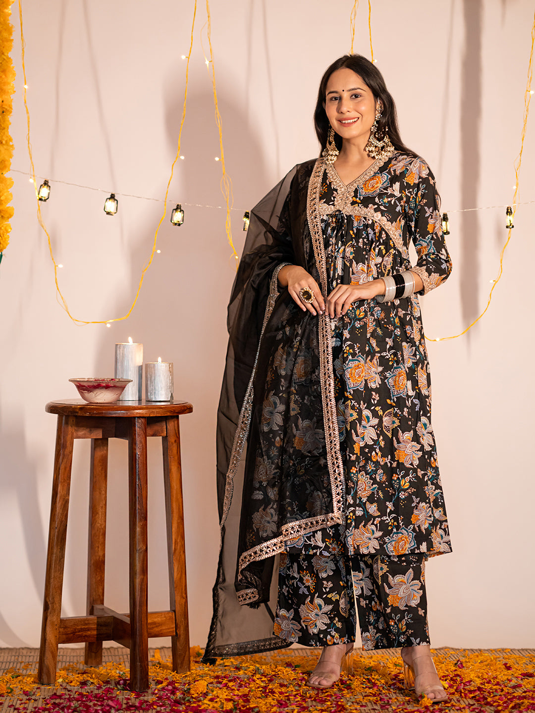 Black Cotton Embellished Kurta with Palazzo and Dupatta