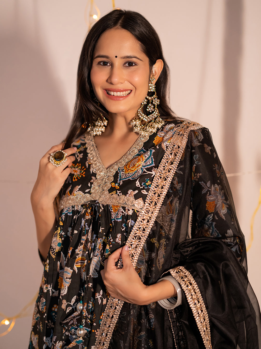 Black Cotton Embellished Kurta with Palazzo and Dupatta