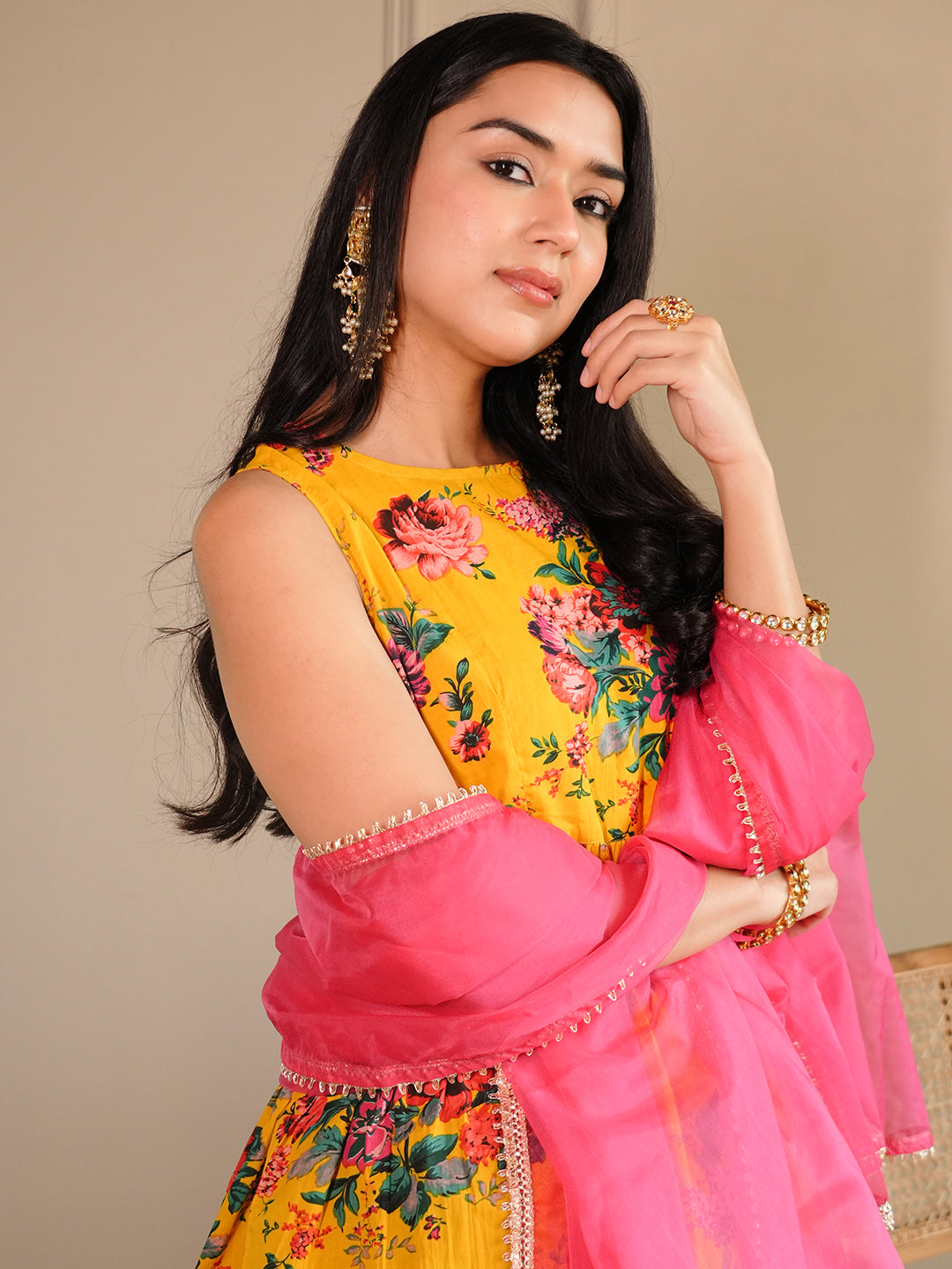 Yellow Cotton Embellished Short Kurta With Sharara And Dupatta