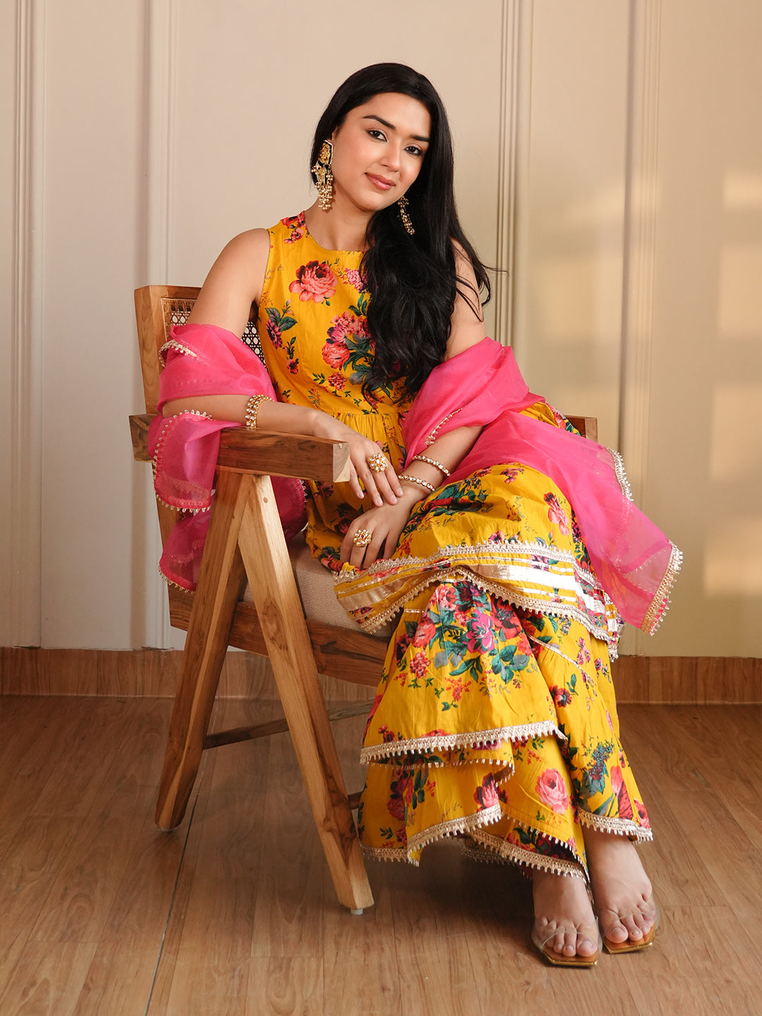 Yellow Cotton Embellished Short Kurta With Sharara And Dupatta