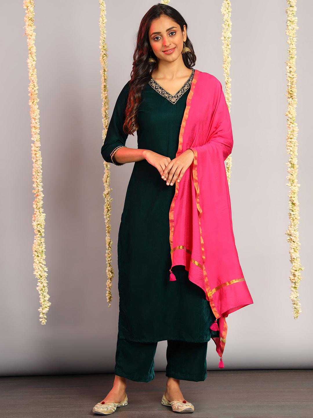 Green Velvet Embroidered Kurta With Palazzo And Dupatta
