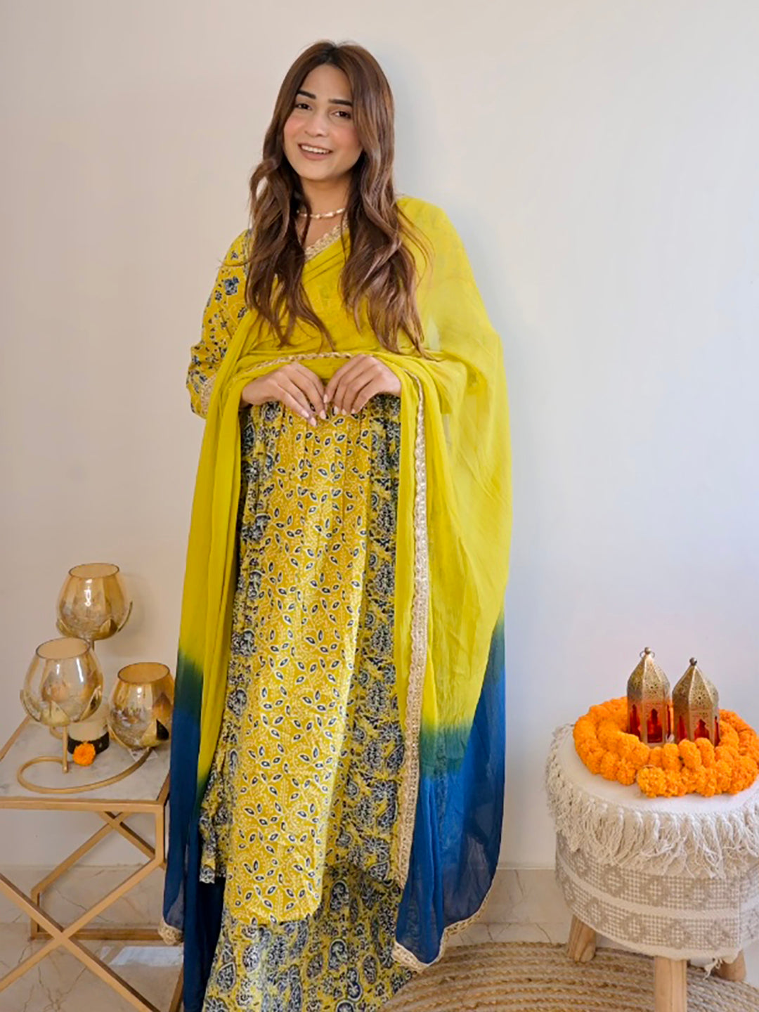 Blue Rayon Solid Kurta with Palazzo and Scarf