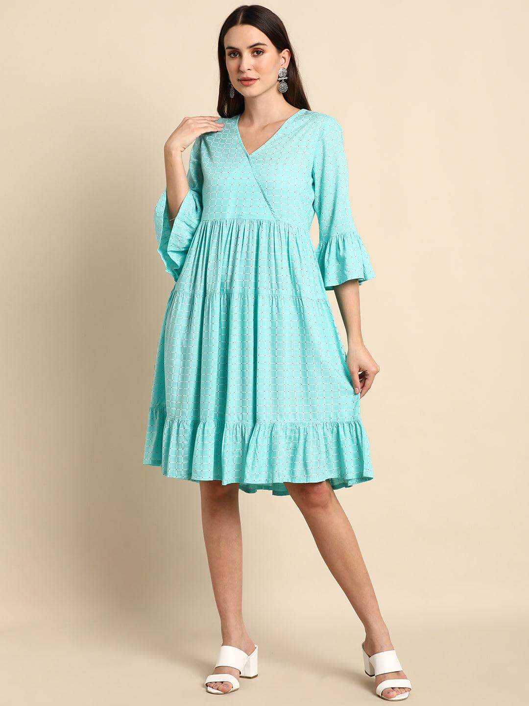 Turquoise Rayon Checkered Flared Western Dress