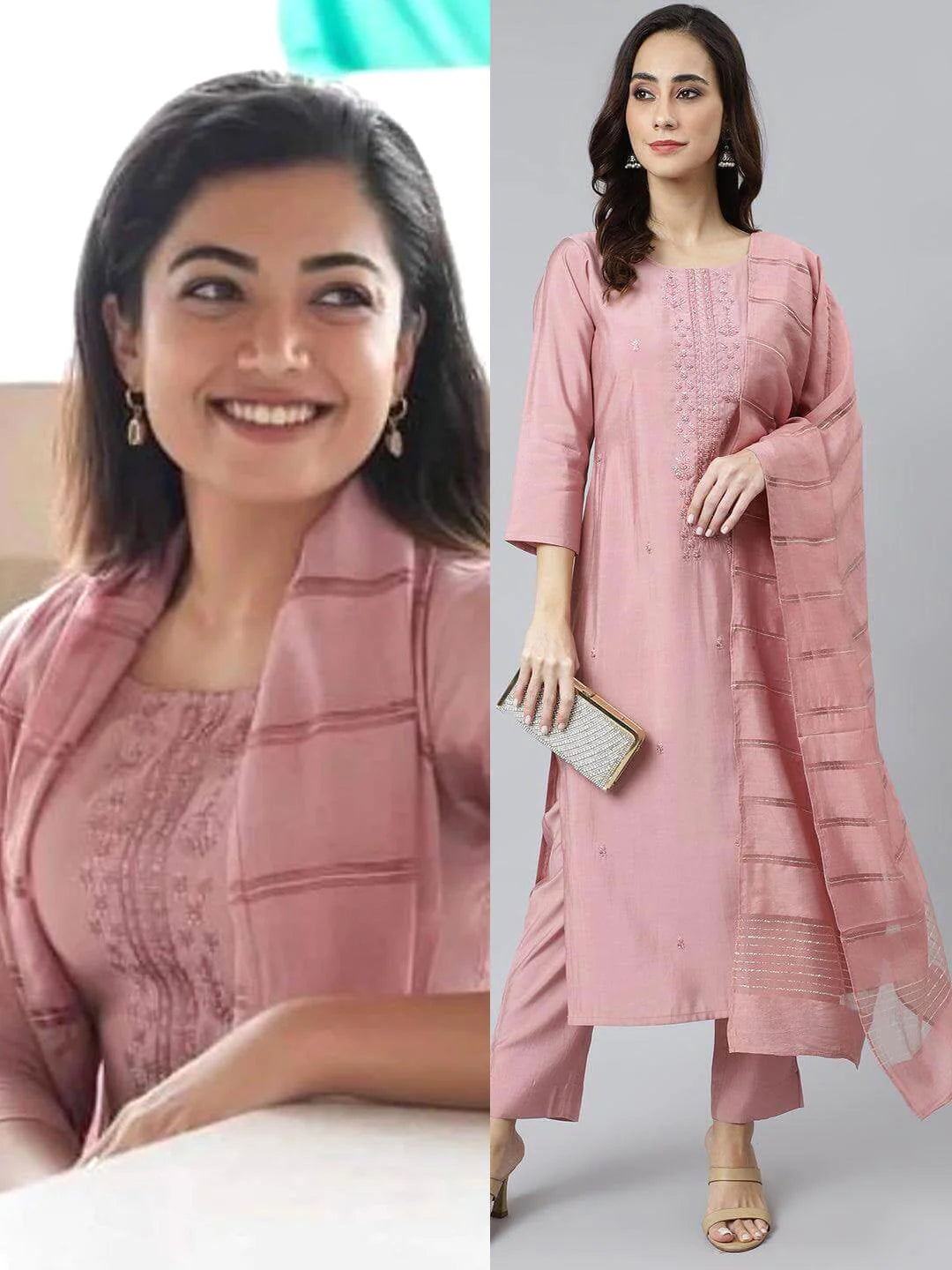 Light Pink Poly Silk Embroidered Kurta With Pant And Dupatta