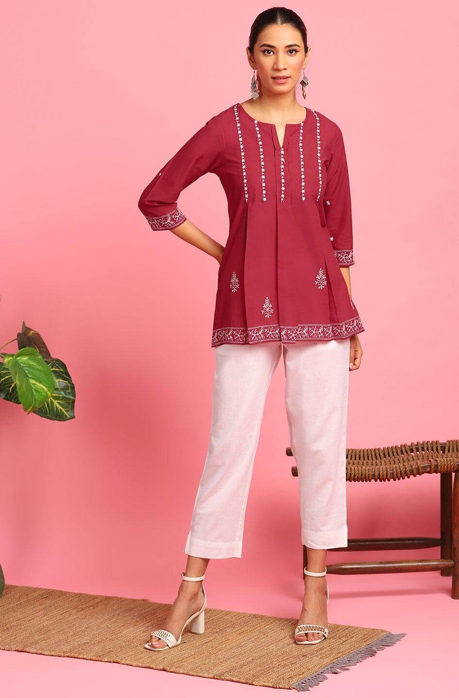 Maroon Cotton Embroidered Trapeze Tunic