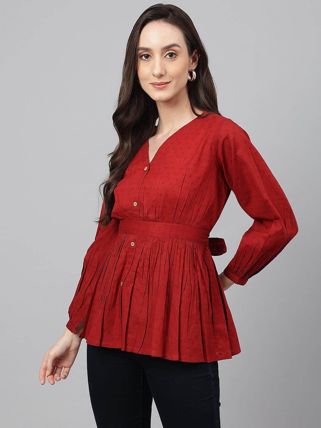 Maroon Dobby Cotton Solid Peplum Top