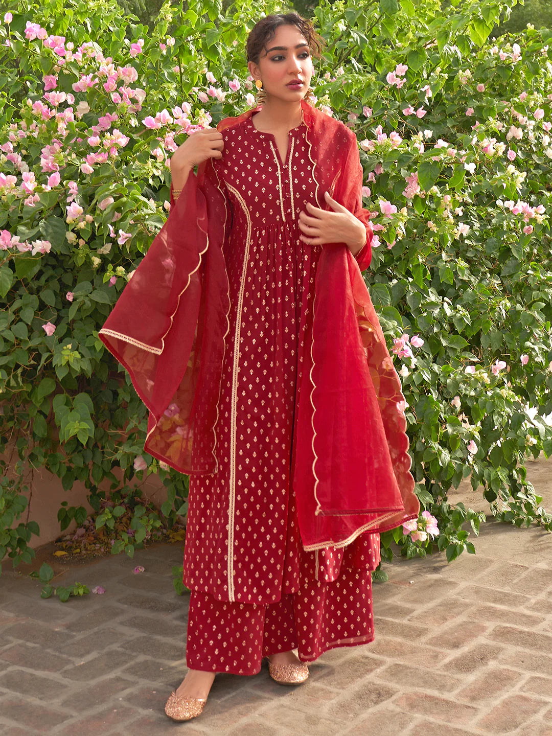 Maroon Georgette Foil Motif Printed Kurta With Palazzo And Dupatta